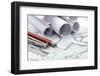 Rolls of Architecture Blueprint and Work Tools - Ruler, Pencil, Compass--Vladimir--Framed Photographic Print