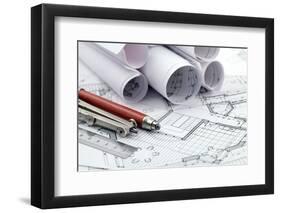 Rolls of Architecture Blueprint and Work Tools - Ruler, Pencil, Compass--Vladimir--Framed Photographic Print