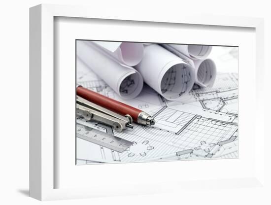 Rolls of Architecture Blueprint and Work Tools - Ruler, Pencil, Compass--Vladimir--Framed Photographic Print