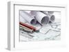 Rolls of Architecture Blueprint and Work Tools - Ruler, Pencil, Compass--Vladimir--Framed Photographic Print