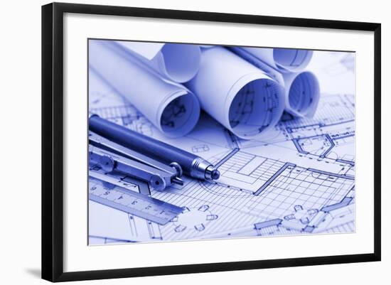 Rolls of Blueprints and Work Tools - Ruler, Pencil, Compass--Vladimir--Framed Photographic Print