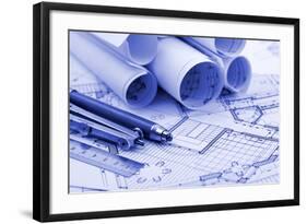 Rolls of Blueprints and Work Tools - Ruler, Pencil, Compass--Vladimir--Framed Photographic Print