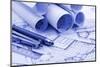 Rolls of Blueprints and Work Tools - Ruler, Pencil, Compass--Vladimir--Mounted Photographic Print
