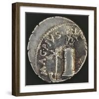 Roman Denarius of Sextus Pompey Depicting Galley Ship with Banner in Front of Messina Lighthouse-null-Framed Giclee Print