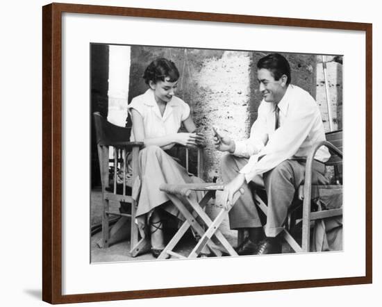 Roman Holiday, Audrey Hepburn, Gregory Peck, Playing CArds on Set, 1953-null-Framed Photo