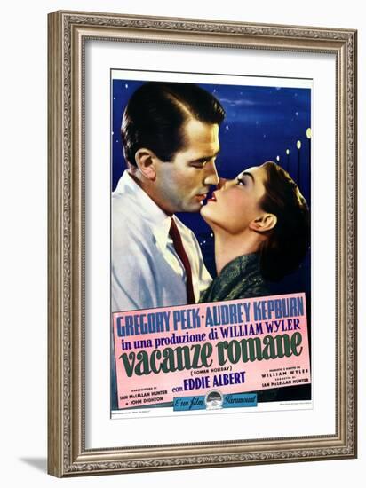 Roman Holiday, Left to Right: Gregory Peck, Audrey Hepburn on Italian Poster Art, 1953-null-Framed Art Print