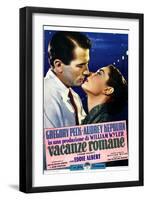 Roman Holiday, Left to Right: Gregory Peck, Audrey Hepburn on Italian Poster Art, 1953-null-Framed Art Print