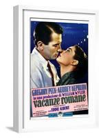 Roman Holiday, Left to Right: Gregory Peck, Audrey Hepburn on Italian Poster Art, 1953-null-Framed Art Print