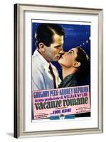 Roman Holiday, Left to Right: Gregory Peck, Audrey Hepburn on Italian Poster Art, 1953-null-Framed Art Print