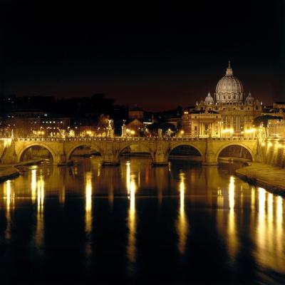 Night View of the Sant'Angelo Bridge and the Dome of the Basilica of Saint Peter in Rome