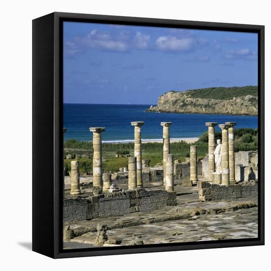 Roman Ruins with Statue of Emperor Trajan, Baelo Claudia, Near Tarifa, Andalucia, Spain, Europe-Stuart Black-Framed Stretched Canvas