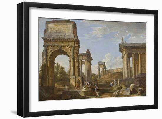 Roman Ruins with the Arch of Titus, 1734-Giovanni Paolo Panini-Framed Giclee Print