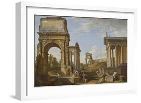 Roman Ruins with the Arch of Titus, 1734-Giovanni Paolo Panini-Framed Giclee Print