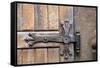 Romania. Brasov. Detail of church exterior. Wood door hinge.-Emily Wilson-Framed Stretched Canvas