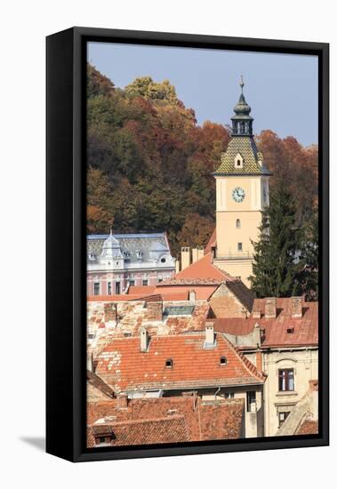 Romania, Brasov. Poarta Schei district., George Street. Clock Tower.-Emily Wilson-Framed Stretched Canvas