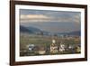 Romania, Bucovina, Campulung Moldovenesc, Fall colors. Churches in valley.-Emily Wilson-Framed Photographic Print