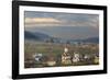 Romania, Bucovina, Campulung Moldovenesc, Fall colors. Churches in valley.-Emily Wilson-Framed Photographic Print