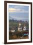 Romania, Bucovina, Campulung Moldovenesc, Fall colors. Churches in valley.-Emily Wilson-Framed Photographic Print