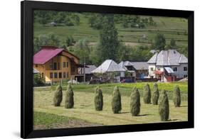 Romania, Maramures Region, Rona de Jos, Village View with Haystacks-Walter Bibikow-Framed Photographic Print