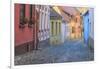 Romania, Sighisoara, cobblestone residential street of colorful houses in village.-Emily Wilson-Framed Photographic Print