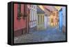 Romania, Sighisoara, cobblestone residential street of colorful houses in village.-Emily Wilson-Framed Stretched Canvas