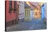 Romania, Sighisoara, cobblestone residential street of colorful houses in village.-Emily Wilson-Stretched Canvas