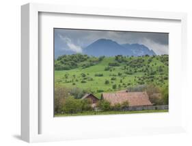 Romania, Transylvania, Bran, House and Bucegi Mountains, Spring-Walter Bibikow-Framed Photographic Print