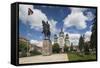 Romania, Transylvania, Targu Mures, Statue and Orthodox Cathedral-Walter Bibikow-Framed Stretched Canvas