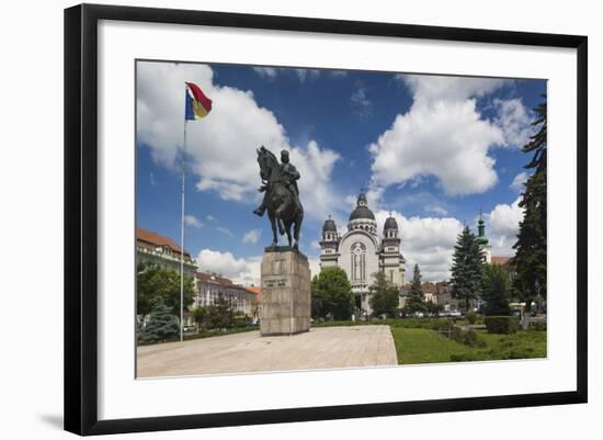 Romania, Transylvania, Targu Mures, Statue and Orthodox Cathedral-Walter Bibikow-Framed Photographic Print