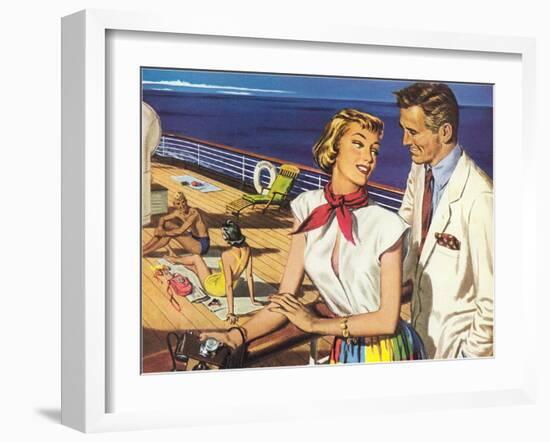 Romantic 1950s Couple on Cruise Ship-null-Framed Art Print