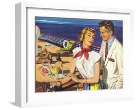 Romantic 1950s Couple on Cruise Ship-null-Framed Art Print