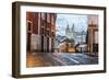 Romantic Atmosphere in Old Streets of Alfama with Castle in Background and Tram Number 28-Roberto Moiola-Framed Photographic Print