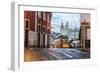 Romantic Atmosphere in Old Streets of Alfama with Castle in Background and Tram Number 28-Roberto Moiola-Framed Photographic Print