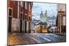 Romantic Atmosphere in Old Streets of Alfama with Castle in Background and Tram Number 28-Roberto Moiola-Mounted Photographic Print