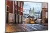 Romantic Atmosphere in Old Streets of Alfama with Castle in Background and Tram Number 28-Roberto Moiola-Mounted Photographic Print