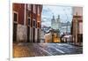 Romantic Atmosphere in Old Streets of Alfama with Castle in Background and Tram Number 28-Roberto Moiola-Framed Premium Photographic Print