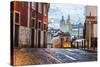 Romantic Atmosphere in Old Streets of Alfama with Castle in Background and Tram Number 28-Roberto Moiola-Stretched Canvas