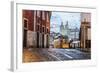 Romantic Atmosphere in Old Streets of Alfama with Castle in Background and Tram Number 28-Roberto Moiola-Framed Photographic Print