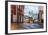 Romantic Atmosphere in Old Streets of Alfama with Castle in Background and Tram Number 28-Roberto Moiola-Framed Photographic Print