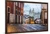 Romantic Atmosphere in Old Streets of Alfama with Castle in Background and Tram Number 28-Roberto Moiola-Framed Photographic Print