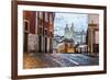 Romantic Atmosphere in Old Streets of Alfama with Castle in Background and Tram Number 28-Roberto Moiola-Framed Photographic Print