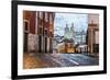 Romantic Atmosphere in Old Streets of Alfama with Castle in Background and Tram Number 28-Roberto Moiola-Framed Photographic Print