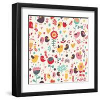 Romantic Floral Pattern with Cute Small Birds in the Garden-smilewithjul-Framed Art Print