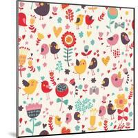 Romantic Floral Pattern with Cute Small Birds in the Garden-smilewithjul-Mounted Art Print