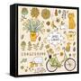 Romantic Garden Set with a Lot of Elements: Bicycle, Dog, Plants, Sheep, Birds, Rabbit, Watering Ca-smilewithjul-Framed Stretched Canvas