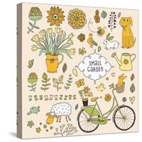 Romantic Garden Set with a Lot of Elements: Bicycle, Dog, Plants, Sheep, Birds, Rabbit, Watering Ca-smilewithjul-Stretched Canvas