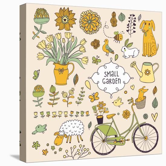 Romantic Garden Set with a Lot of Elements: Bicycle, Dog, Plants, Sheep, Birds, Rabbit, Watering Ca-smilewithjul-Stretched Canvas