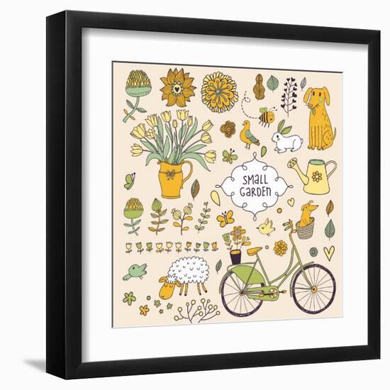 Romantic Garden Set with a Lot of Elements: Bicycle, Dog, Plants, Sheep, Birds, Rabbit, Watering Ca-smilewithjul-Framed Art Print