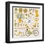 Romantic Garden Set with a Lot of Elements: Bicycle, Dog, Plants, Sheep, Birds, Rabbit, Watering Ca-smilewithjul-Framed Art Print