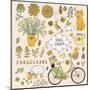 Romantic Garden Set with a Lot of Elements: Bicycle, Dog, Plants, Sheep, Birds, Rabbit, Watering Ca-smilewithjul-Mounted Art Print